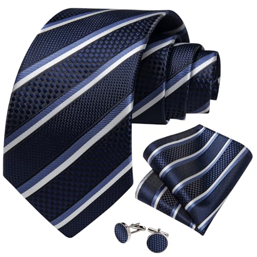 Image of DiBanGu Striped Tie Set for Men Silk Woven Plaid Necktie and Pocket Square Cufflinks Business Wedding