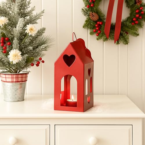 Image of MARKET 99 Hanging T-Lite Holder Hut Metal Red Matte Finish - Xmas & Christmas Home Decor Candle Holder, Festive Hanging Lantern for Living Room, Bedroom, Patio, Outdoor & Holiday Decorations