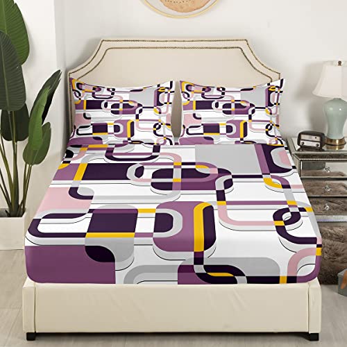 Feelyou Geometric Bed Sheet Set Modern Abstract Art Bedding Set Rectangle Lines Fitted Sheet Purple Black Flat Sheet For Kids Boys Girls Adults 4Pcs With 2 Pillow Case Full Size thumb #1
