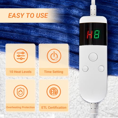 Image of Heated Blanket Electric Queen, Soft Flannel Heating Blanket with 8 Hours Auto Off 10 Fast Heating Levels Machine Washable Sherpa Heated Blanket with Overheating Protection