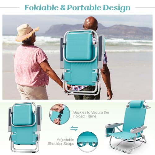 Image of Tangkula Set of 4 Backpack Beach Chair, 5-Position Lightweight Folding Lay Flat Beach Chairs with Storage Bag, 2 Cup Holders, Towel Bar, Backpack Straps