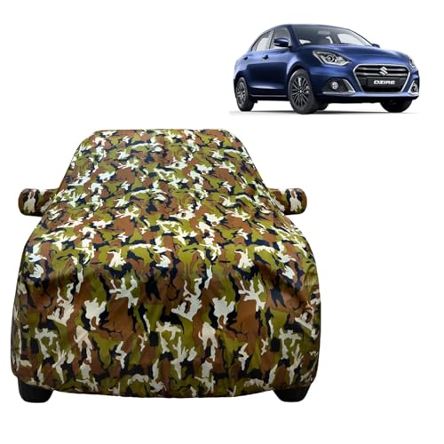 Image of VYAS 100% Waterproof New Dezire Car Cover Compatible with Maruti Suzuki New Dezire (2017-2026) Full Body Car Cover, All Weather Protection with Mirror Pocket, Belt & Buckle Camouflage Design