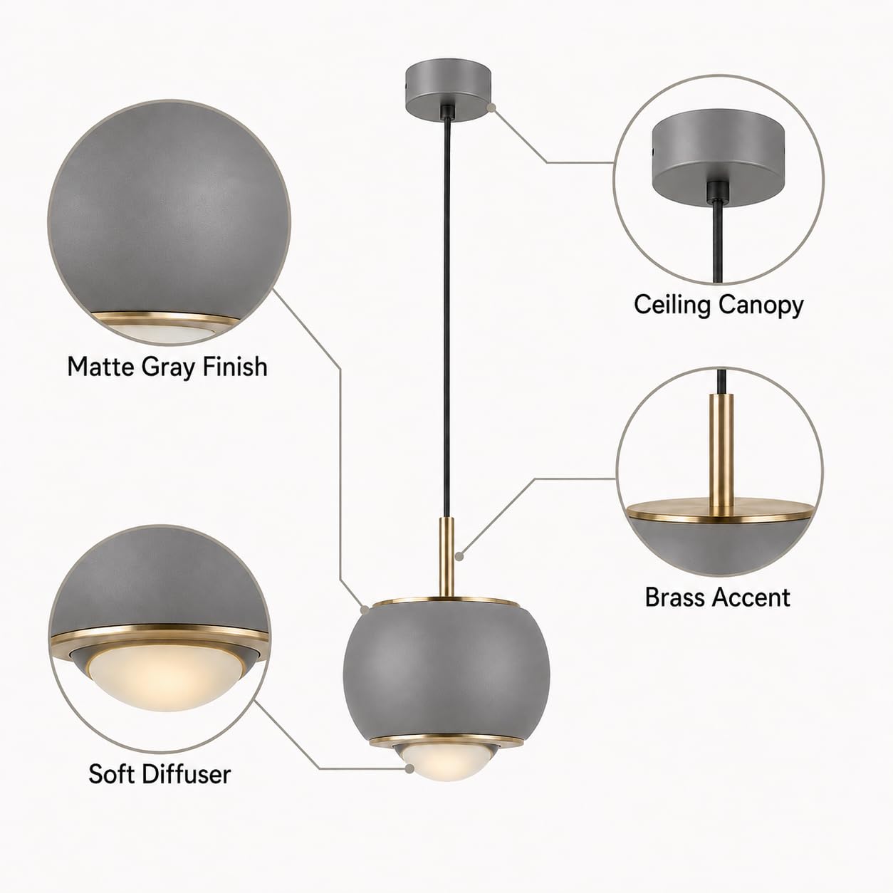 Nowoczesna metalowa lampa wisząca z kloszem kuli i miękkim dyfuzorem