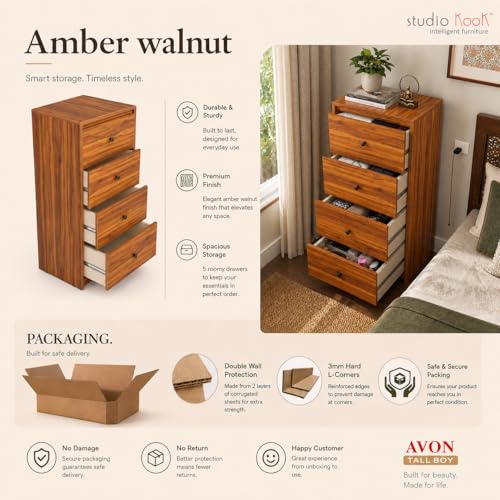 Image of Studio Kook Avon Tallboy Chest of Drawers, 4 Drawers, Matte Finish (Amber Walnut)