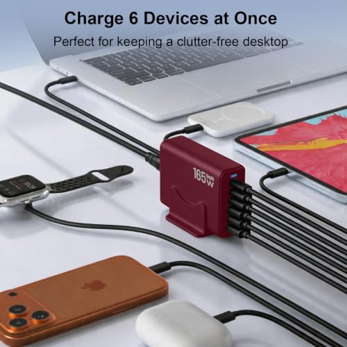 Image of 165W Charging Station, 6 Port Desktop Charger, 3 Ports 40W Red