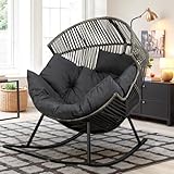 Vongrasig Wicker Rocking Egg Chair PE Rattan with Cushion, Oversized Patio Lounge Rocker Chair for Outdoor, Indoor, Balcony, Backyard, Garden, Black/Rattan