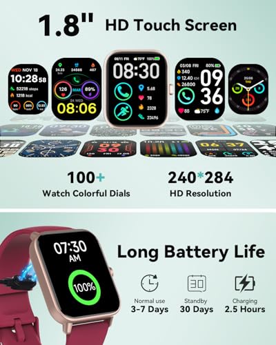 Image of Quican Smart Watches for Women, Compatible for iPhone and Android Phones | 1.8 inch Fitness Tracker Watch, Waterproof, Calling, Heart Rate /Sleep Monitor, Alexa, Gifts for Women, Silicone Band, Red