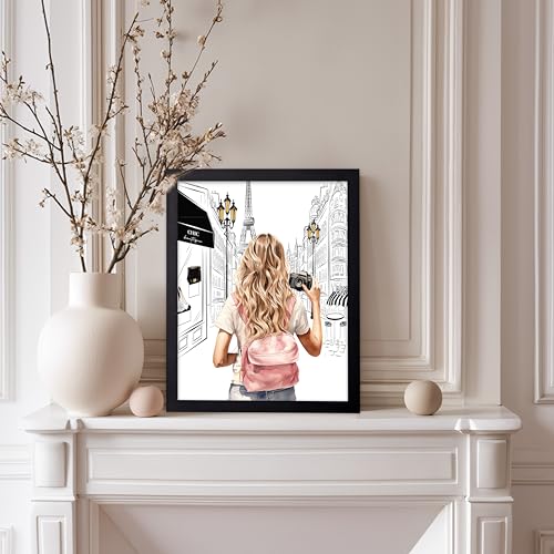 Image of Poster Master Fashion Poster - Lady With A Camera Print - Trendy Art - Paris Art - Modern Art - Gift for Women & Fashionista - Glamour Wall Decor for Bedroom or Girl's Room, 11x14 Black Framed