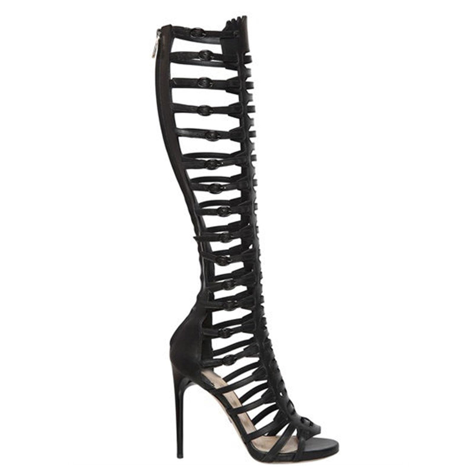 Tacco Alto Stivali Alti al Ginocchio Donna Sandali Punta Aperta Traforata Stivali Alti Cerniera Scarpe Festa Tacco 11cm,Black-35