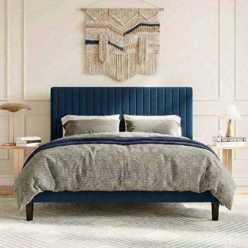 Image of SHA CERLIN Full Upholstered Platform Bed Frame with Vertical Channel Tufted Velvet Fabric Adjustable Headboard, Wooden Slats Support, Mattress Foundation, Box Spring Optional, Blue