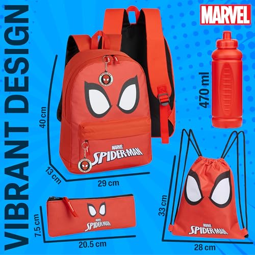 Marvel School Bag Set, 5 Piece Set with Backpack, Drawstring Bag, Pencil Case, Water Bottle & Keyring - Boys Gifts (Red Spiderman) 5