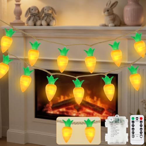 Image of YIQU Easter Decoration String Lights, 10FT 12LED Indoor Carrot Mantel Garland Battery Operated with Remote Timer 8 Modes, Hemp Rope Banner for Fireplace Table Wall Spring Party Indoor Outdoor Decor
