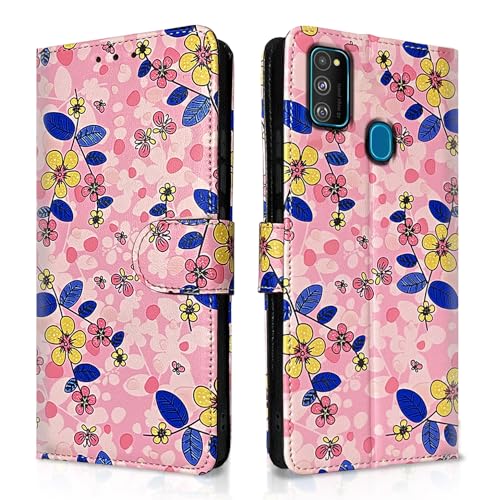 Pikkme Samsung Galaxy M30s / M21 / M21 (2021) Flip Cover for Girls Leather Finish Inside TPU with Card Pockets Wallet Stand and Shock Proof | Complete Protection Flip Case (Pink Flower)- Best and cheap mobile covers in India