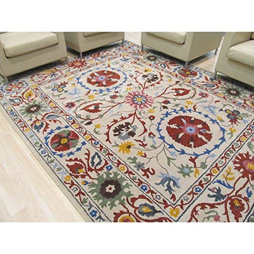 Eorc Hand Tufted Wool Suzani Rug, 5' X 8', Ivory #TOP1