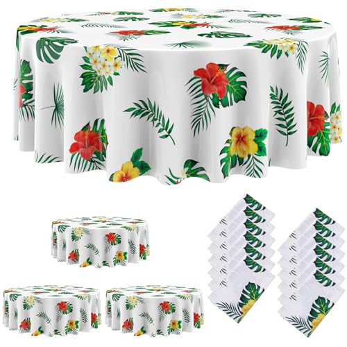 Image of Oudain 12 Pcs 84 inch Summer Round Hawaiian Tablecloths, Lagre Tropical Luau Plastic Table Covers with Palm Leaves & Hibiscus Flower, Aloha Tiki Beach Pool Party Decorations Supplies (White)