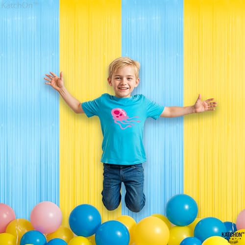 Image of Katchon, Light Blue and Yellow Fringe Backdrop - Feet, Pack of 2 | Blue and Yellow Birthday Decorations, Easter Backdrop Curtain | Sponge Party Decorations, Baby Shower Decorations for Home