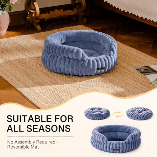 MEWOOFUN Stilvolle Katzenbetten für Katzen, weiches rundes Hundebett für kleine und mittelgroße Hunde, waschbares, beruhigendes Haustierbett (Blau, L)