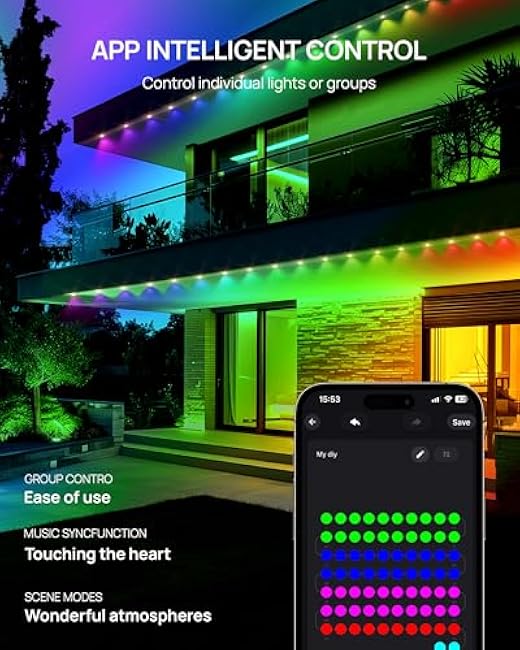 VCOKEN Permanent Outdoor Lights, 111ft with Smart 72 LED Eaves Light with App Control Remote, DIY Scene Modes IP65 Waterproof Outdoor Lights for Christmas and Holiday Decor, House Roof and Garden