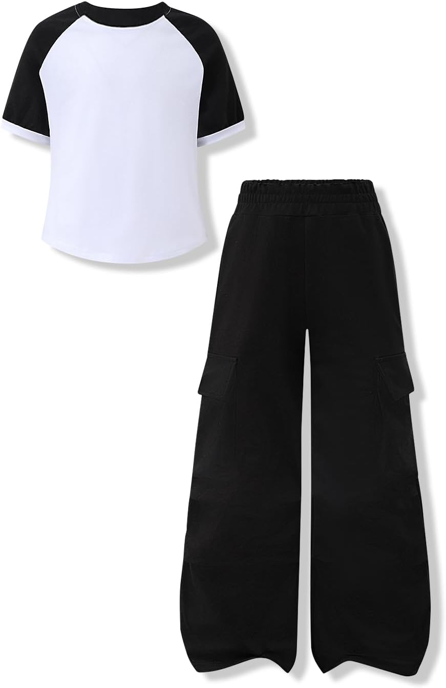 Girls Clothes Size 7-14Y Sets 2 Piece Color Block Short Sleeve Top Cargo Pants Spring Summer Outfits