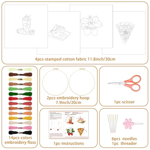 Image of BEUNITONE 4 Set Strawberry Embroidery Kit with Hoops for Adult Beginners | Food /Drink Needlepoint Craft Kits Complete DIY Handmade Cross Stitch Set with Pre-Printed Designs for Home Decor 20x20cm