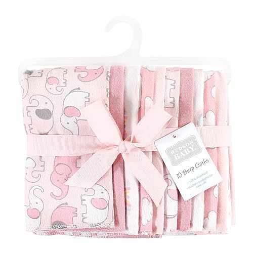 Image of Hudson Baby Unisex Baby Cotton Poly Flannel Burp Cloths, Girl New Elephant 10-Pack, One Size