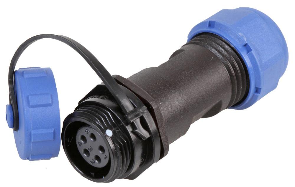 PRO ELEC 5-Pole Circular Threaded Inline Socket - IP68 Waterproof, 5-8mm Cable, 180V AC, 5A, Nylon Body with Gold Contacts - PELR0138