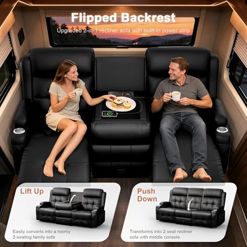 Image of Home Theater Seating, 3 Seat Power Recliner Sofa with Massage & Heat, Wall Hugger Reclining Loveseat with USB, RV Couch with LED Lights, Flip Backrest, Cup Holders for Movie Theater & Gaming Room