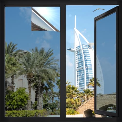 KAFUTER One Way Privacy Window Film Reflective Daytime Privacy Window Film See Out Not In Heat Control Sun UV Blocking Window Films Static Cling Window Tint for Home and Office (Silver 45x200cm)