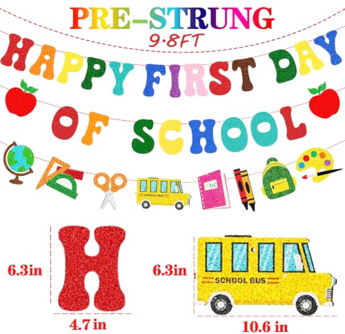Image of Pre-Strung Happy First Day Of School Banner Decorations, Glitter Back To School Garland for Kindergarten Classroom Bulletin Home Office PreK Teacher Students Party Photo Backdrop Blackboard Decor