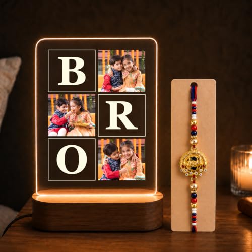 Image of Giftplease Personalized LED Photo Frame Rakhi Gift Combo for Brother | Custom Acrylic Night Light Lamp with Designer Rakhi, Roli Chawal Tikka & Greeting Card | Perfect Rakshabandhan Gift for Bhaiya