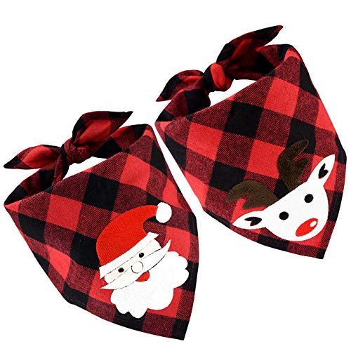 Jmkcoz 2 Stück Weihnachten Plaid Hund Bandana Haustier Schal Dreieckstuch Lätzchen Halstuch mit Weihnachtsmann Elch Applikationen Hals Kleid für Welpen Katzen Haustiere Kostüm Cover