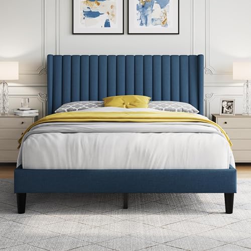 La Mejor Selección de Cama Queen Size Precio de esta semana. 46 Yaheetech - Cama tapizada de plataforma con borde de ala y cabecero de cabecera, base de colchón, soporte de listones de madera resistente, no necesita somier, fácil montaje,...