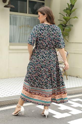 Image of Keluummi Plus Size Maxi Dress for Women V-Neck Floral Empire Waist 3 /4 Sleeve with Pockets