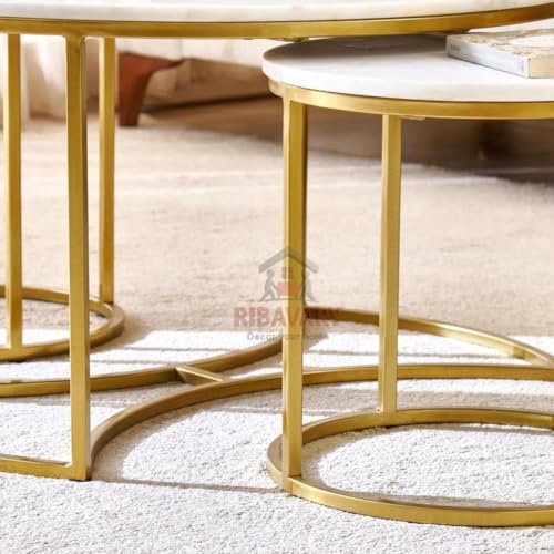 Image of Round Coffee Table Set of 3, Marble Laminated Accent Center Table with Sturdy Metal Base | Modern Foldable Nesting Stacking Tables for Living Room, Bedroom, or Apartments (Golden-White)