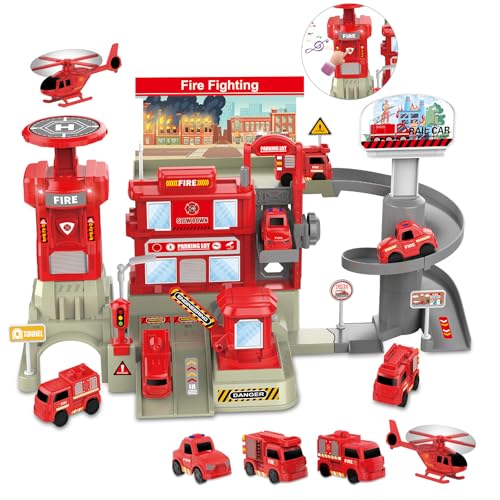 deAO Fire Station with Fire Truck Set Firefighting Playset Pretend Play Toy with Car, Helicopter and Accessories, Preschool Learning Educational Toys for Toddllers