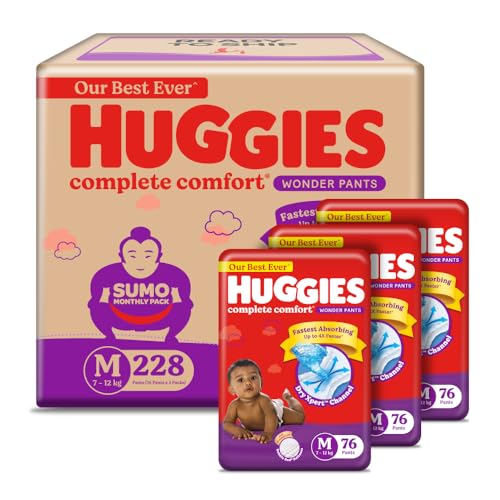Image of Huggies Complete Comfort Wonder Pants | Pant Style Baby Diapers Medium Size (M), 228 Count | India's Fastest Absorbing Diaper, Prevents Diaper Rash, Ideal for 7 to 12 Kgs (76 Count, Pack of 9)