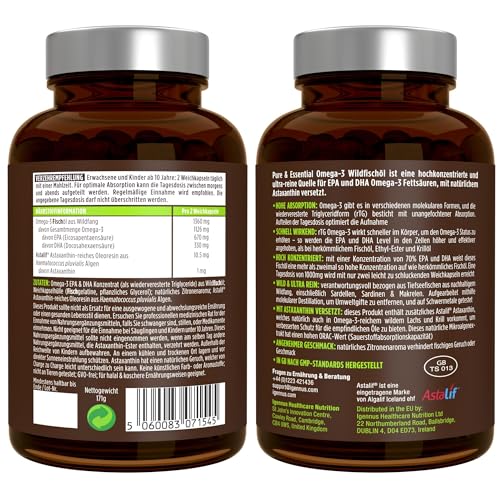 Igennus Hochwertigstes Omega-3 Wildfischöl & Astaxanthin, Triglyceridform rTG, 1360mg, EPA 670 mg & DHA 330mg Omega-3 Fettsäuren, ultra rein; frei von Umweltgiften, Zitronengeschmack, 180 Weichkapseln