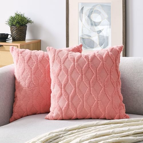 Image of Volcanics Pack of 2 Faux Wool Throw Pillow Covers 18x18 Inches Decorative Farmhouse Velvet Couch Pillow Case Soft Plush Square Boho Cushion Pillowcase, Coral Red