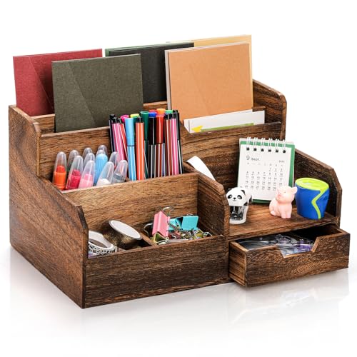 Pumtus Brown Wooden Desk Organizer, Mail Organizer with 7 Compartments and Drawer, Rustic Mail...