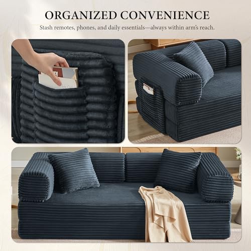 Image of Boneless Couch Futon Sofa Bed Sectional Couches for Living Room,Cloud Couch with Sleeper Sofa,Sofas for Living Room Oversized Corduroy Upholstered (Gray, 81 Inches (with Iron Frame))