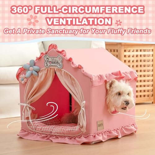 Jiupety Indoor Dog House with Frame, Cute Dog Tent Bed with Cover Cave, Breathable, Washable, and Foldable House, Suitable for 10-20 Lb Puppy and Cats, Medium (17"×17"×17"), Pink - Image 3