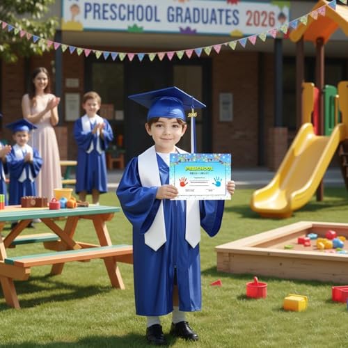 Image of Shiny Kids Graduation Cap and Gown Set with 2026 Tassel Plus White Stole Certificate for Kindergarten Preschool