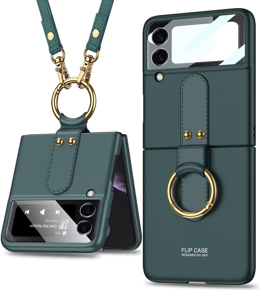 Galaxy Z Flip 4 Case with Ring Holder and Strap 9H Glass Camera Lens Screen Protector Ultra Thin Matte PC Cover Anti-Drop All-Inclusive Case (Green)