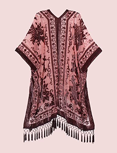 MJ SERECA Women's Burnout Velvet Kimono Long Cardigan Cover Up with Tassel Choc Straw
