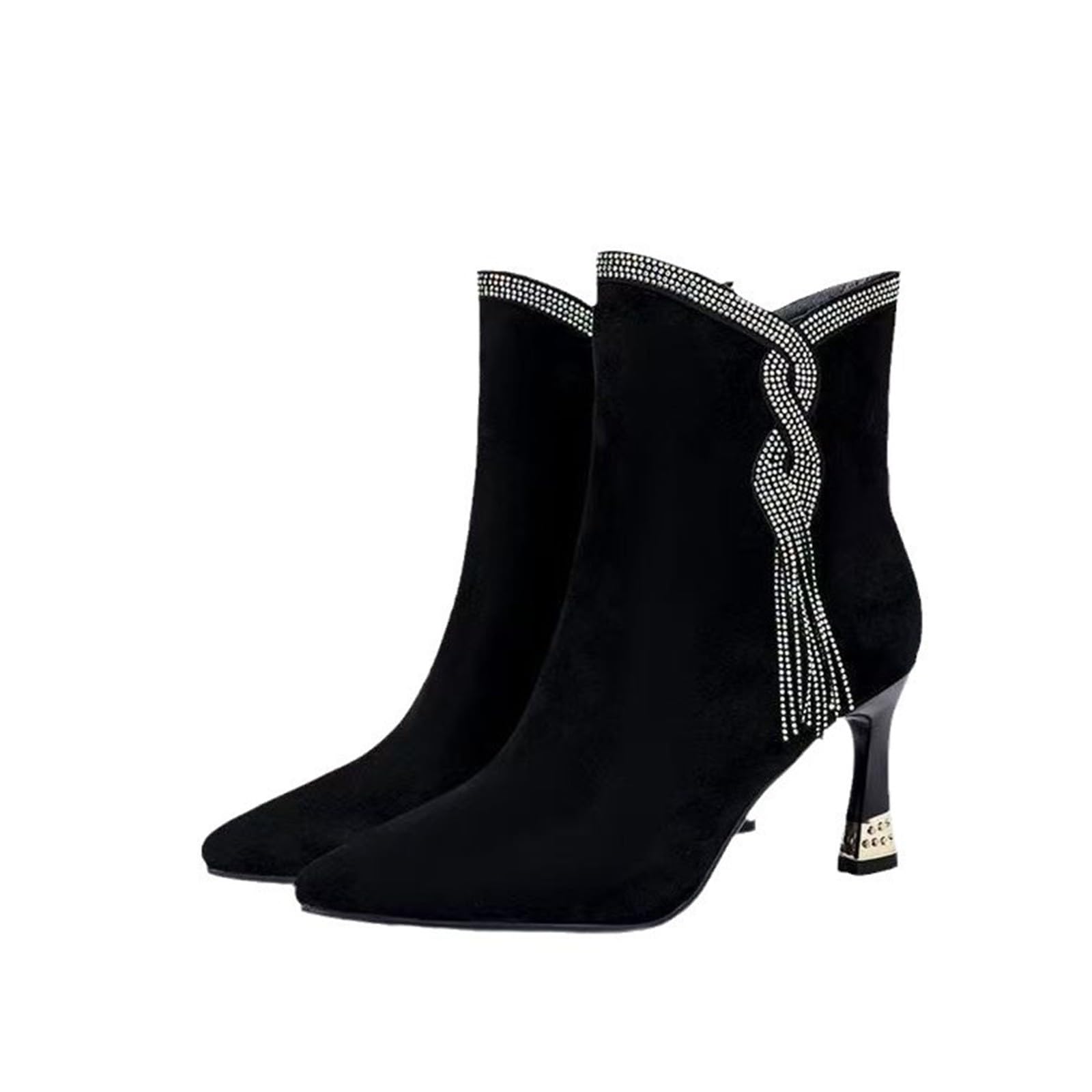Stivaletti da donna con tacco a punta – Tacchi alti neri da donna con glitter in pelle scamosciata con chiusura lampo laterale a spillo, stivaletti da sera Chelsea