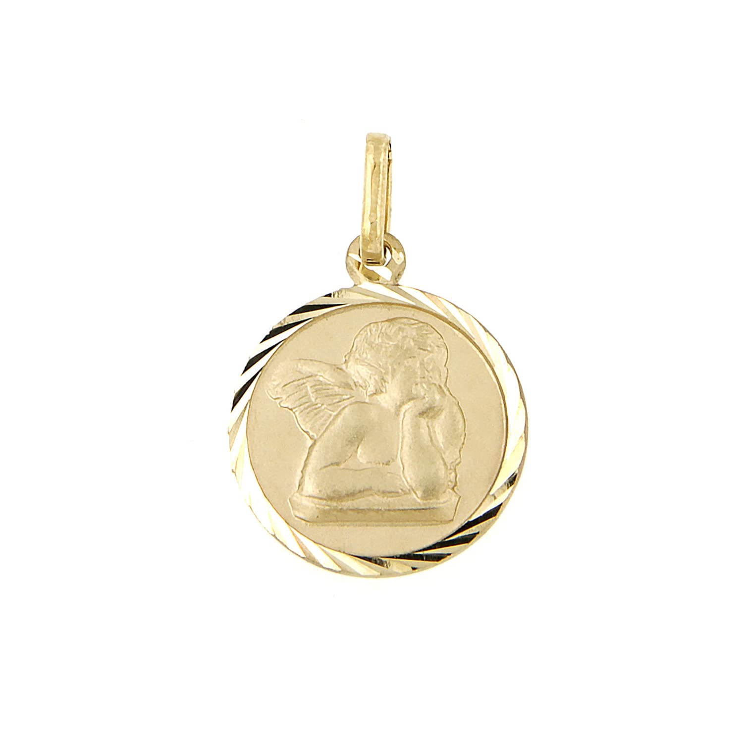Lucchetta – Anhänger Engel Gottes auf Medaille mit Diamanteffekt 12 mm aus 14 Karat Gelbgold, Anhänger Gold für Damen Mädchen Jungen, hergestellt in Italien zertifiziert