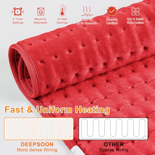 Image of Deepsoon Heating Pad,Electric Heating Pads for Back,Neck,Moist Heating Pad for Abdomen Shoulder Knee Legs,Dry /Moist Heat&Auto Shut Off,Mother's Day Birthday for Men and Women,Red,24x12 Inch