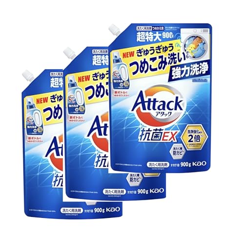 【3セットまとめ売り】アタック 抗菌EX 液体洗濯洗剤, つめこみ洗い強力洗浄, 詰め替え用, 900g×3個セット