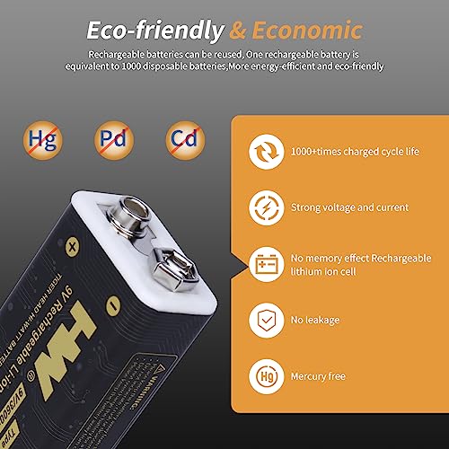 HW 9V Battery for Smoke Detector, 9V Rechargeable Lithium Batteires, 4 Pack USB Type-c 9 Volt Rechargeable Batteries, 1.5 H Fast Charge 1000 Cycles with Long Last for Smoke Detectors and Microphone image 2