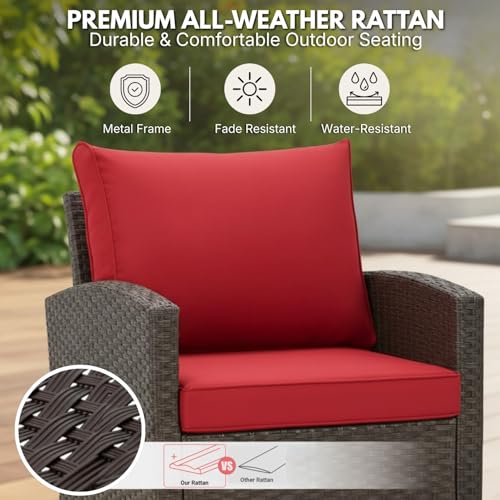 Image of DEVOKO Outdoor Wicker 3-Piece Patio Furniture Set with All-Weather Cushions & Rust Resistant Metal Frame UV-Resistant Furniture Design Perfect for Garden Balcony(Dark Brown & Red)